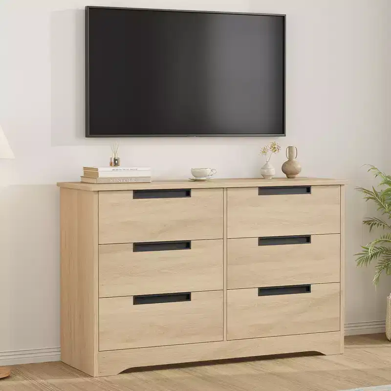 6 Drawer Dresser for Bedroom, Natural Double Dresser Organizer with Embedded Handles Design, Wooden Chest of Drawers for Living Room Nursery Hallway