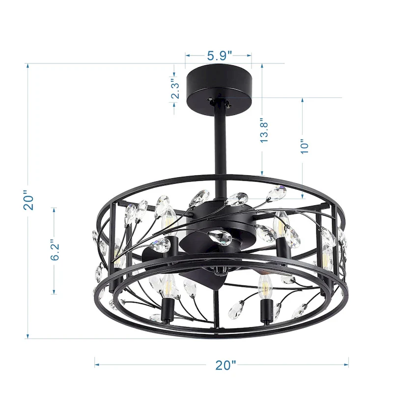 20  Black Caged Ceiling Fan with Crystal Light Kit Remote Control - 20 Inch