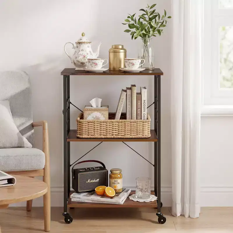 VEVOR Kitchen Utility Cart, 3 Tier 23.7 in Microwave Stand Coffee Cart, Heavy Duty Storage Rack, Service Trolley on Wheels, Black