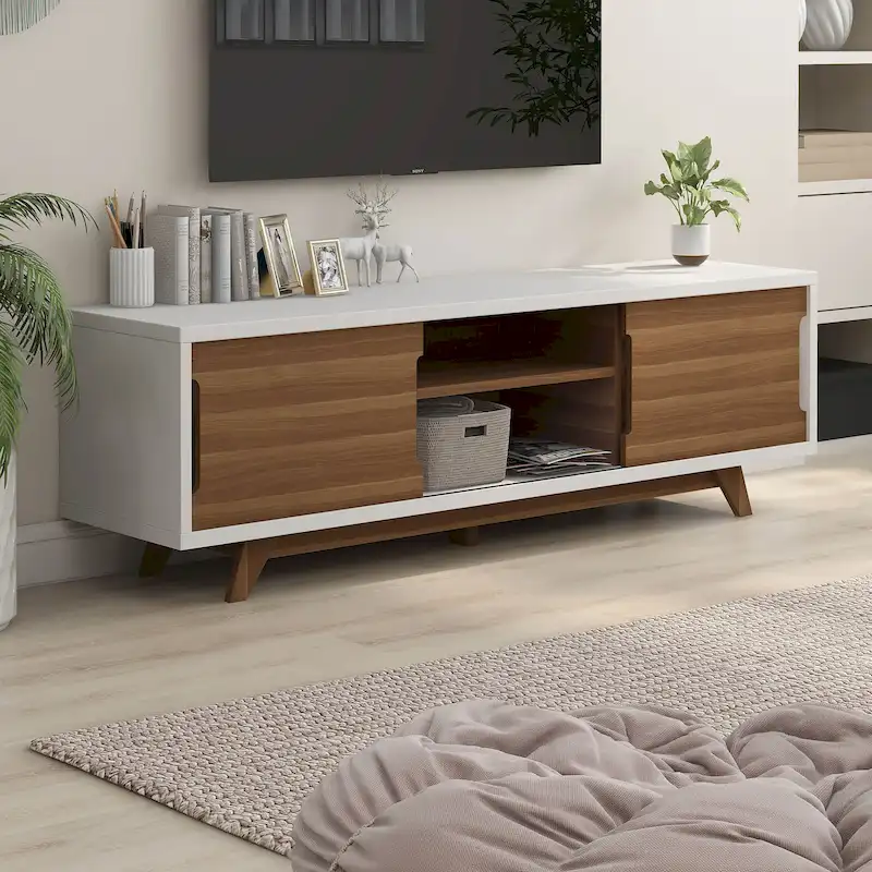 White/Walnut Mid-Century Modern TV Stand, 6-Shelf, Single