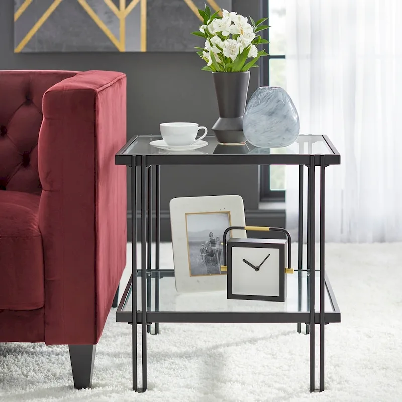 Metal and Glass End Table – 2-Tier, Contemporary Black Frame