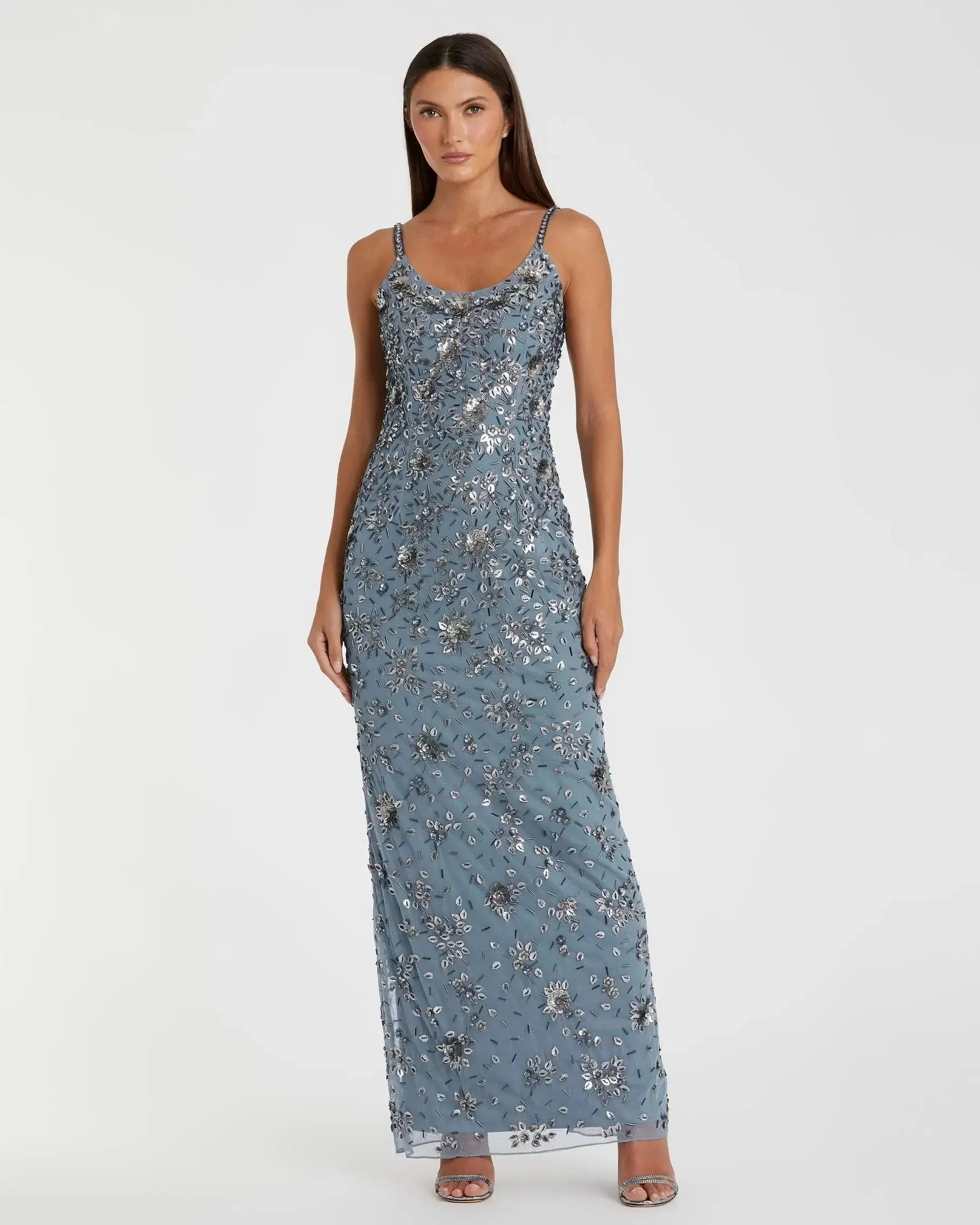 Floral Embellished Scoop Neck Evening Gown