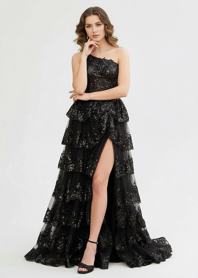 Sheath One Shoulder Tiered Lace Long Prom Dress
