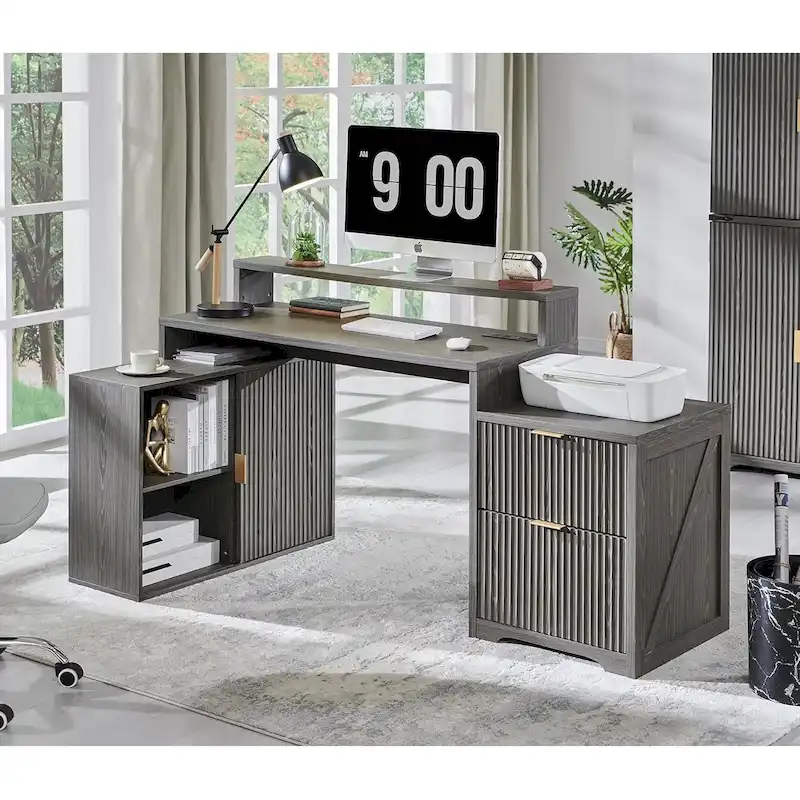 67 Modern L Shaped Desk, Wood Home Office Desk with Charging Station