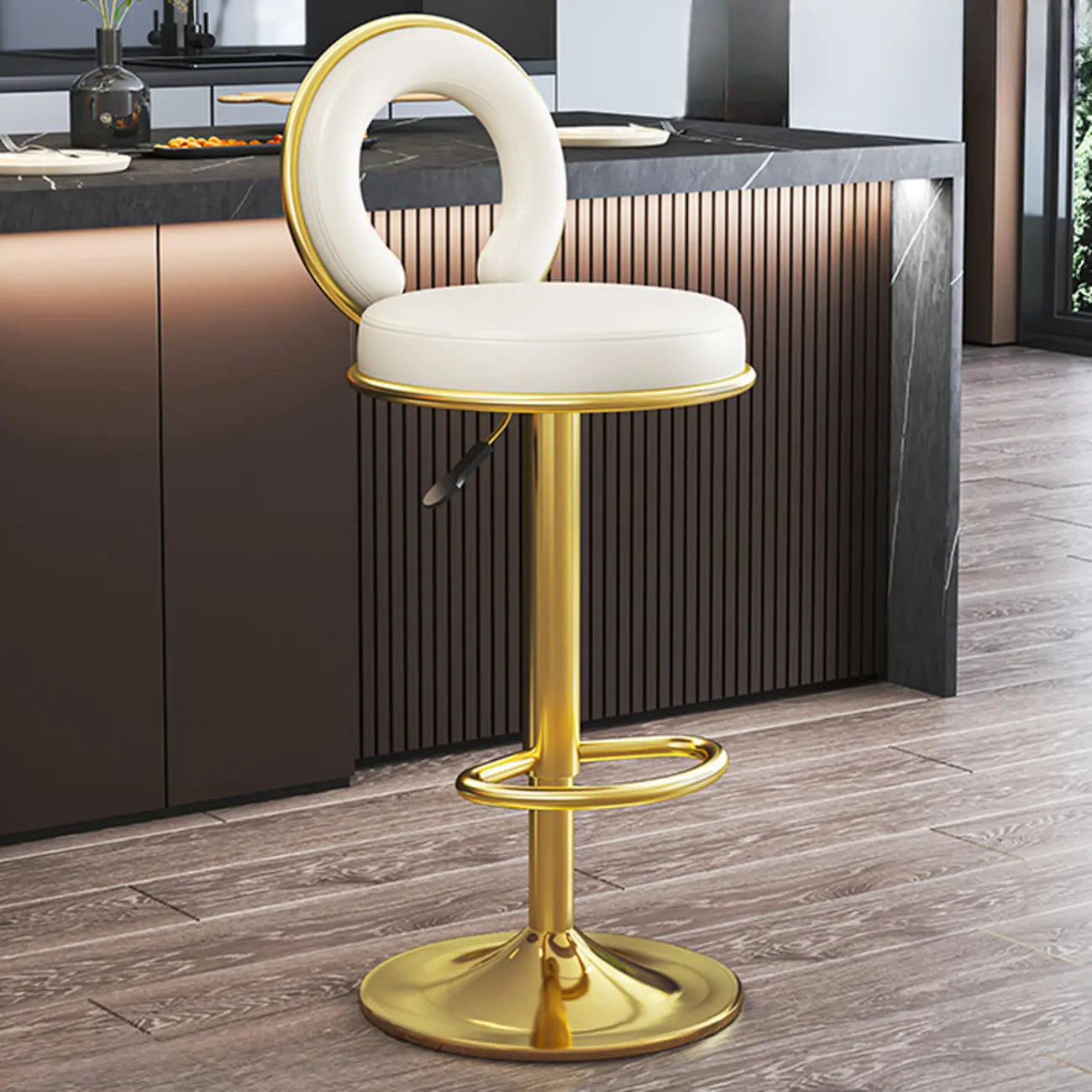 Glam Round Adjustable Leather Swivel Bar Stool with Back