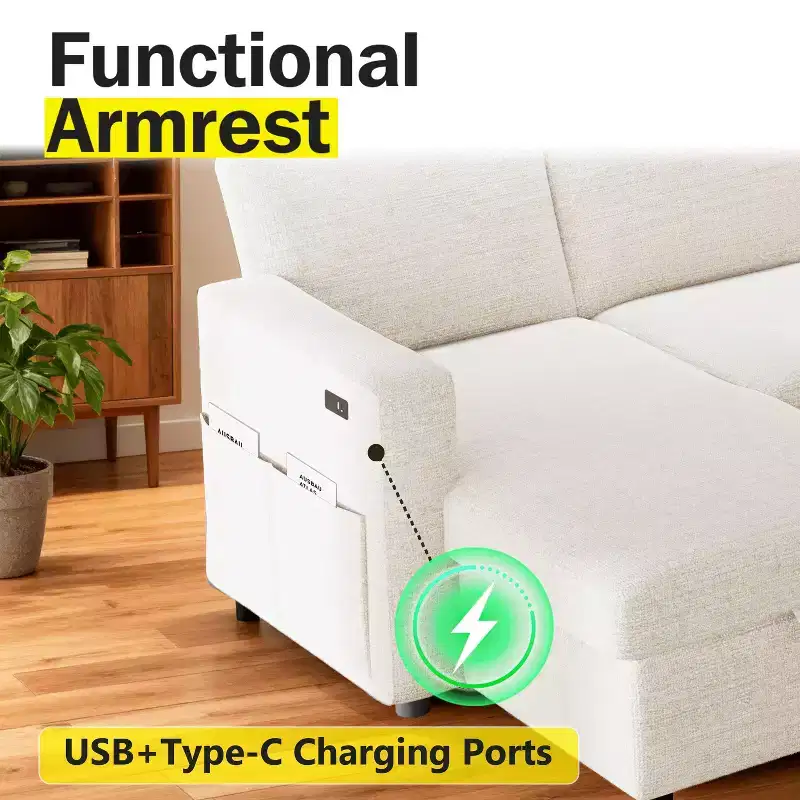 Dyonery 81-inch three-seater pull-out bed, with storage and side pockets, adjustable backrest, convertible sofa bed, Chenille
