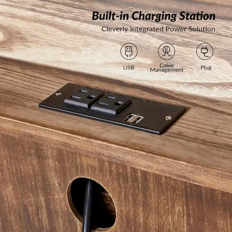 Distressed Farmhouse 3-Drawer Nightstand with Charging Station