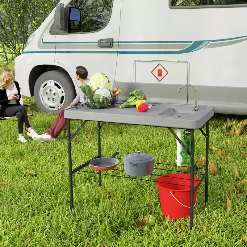 Outsunny Folding Fish Cleaning Table with Sink, Outdoor Fillet Table for Picnic Beach Patio
