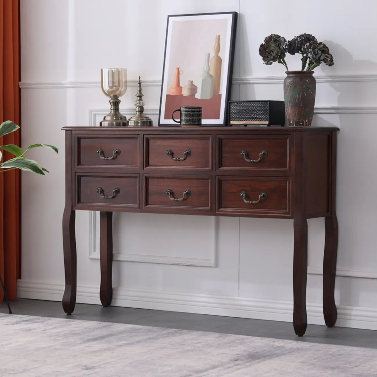 Rectangular Dark Walnut Console Table with Drawers