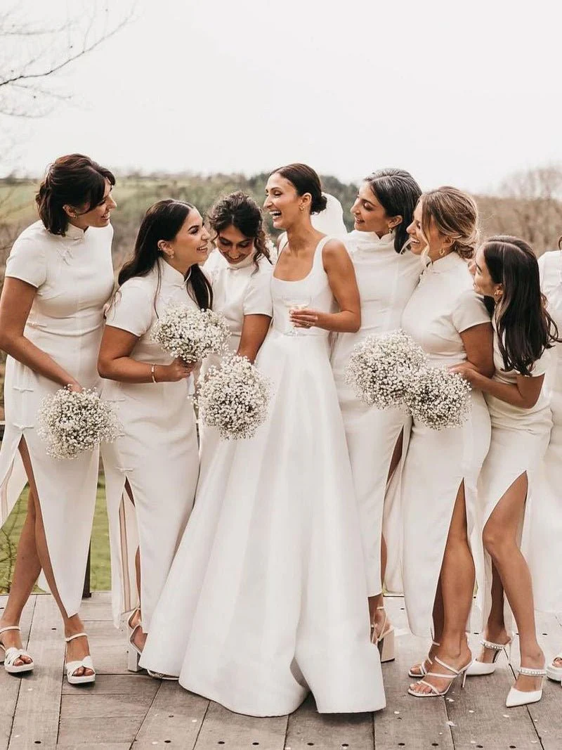 Simple A-Line Square Neck White Satin Wedding Dresses