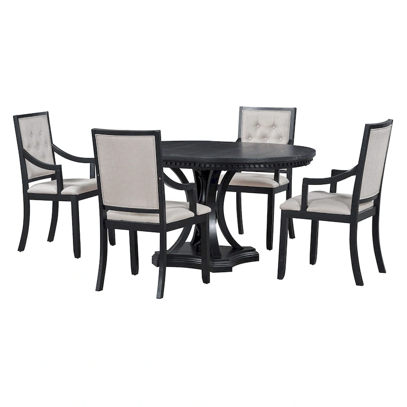 Black 5-Piece Wooden Dining Table Set with Extendable Round Table & 4 Armchairs