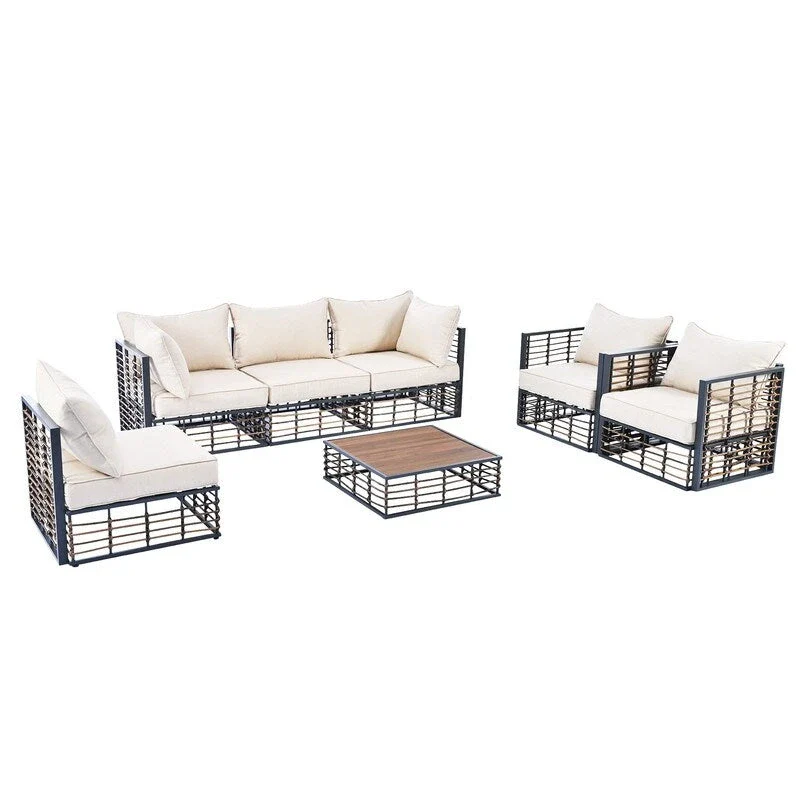 Contemporary 7-Piece Metal Outdoor Sectional Set  All-Weather Patio Furniture With Plush Cushions & Coffee Table.
