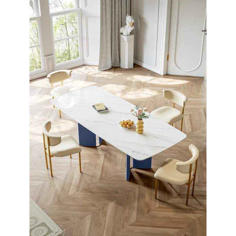 White Sintered Stone Rectangular Dining Table with Double Pedestal Base – 8-Seater