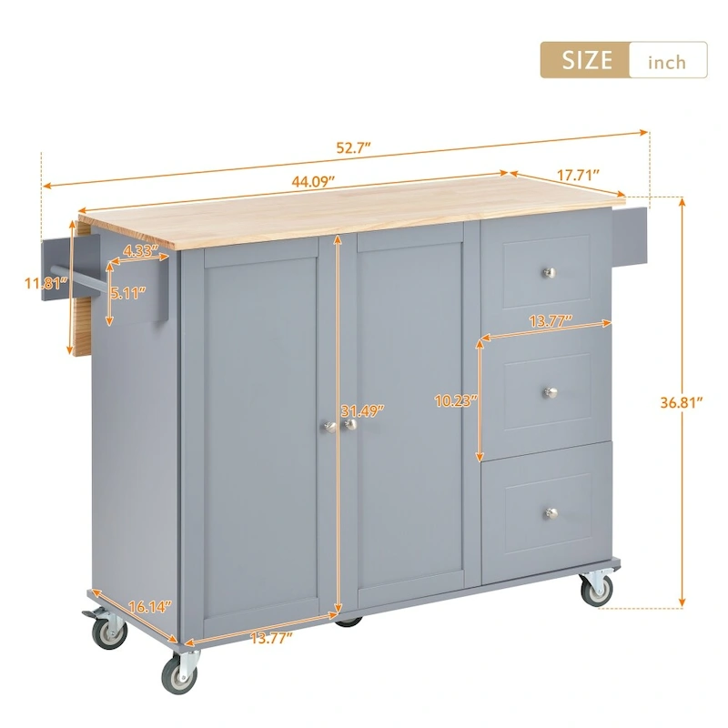 52.7 Rolling Mobile Kitchen Island with Solid Wood Top