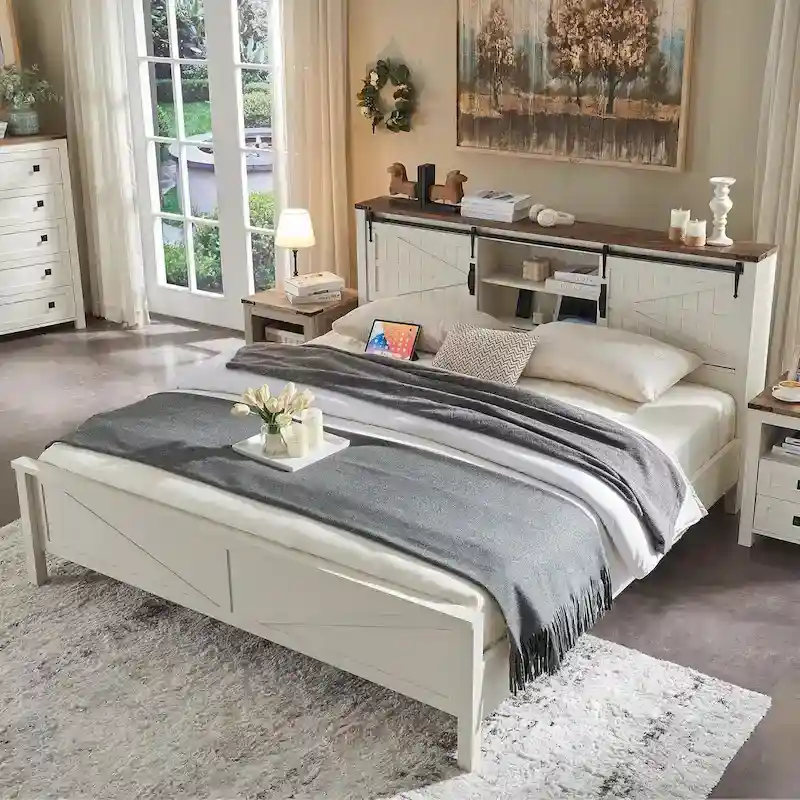 Farmhouse King Size Bed Frame with Storage Shelves & Charging Station