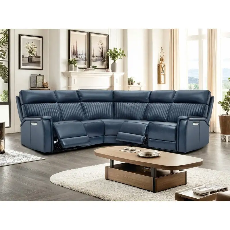 Cream / Blue, 2-Seat Genuine Leather Power Reclining Sectional Sofa with USB & USB-C Ports