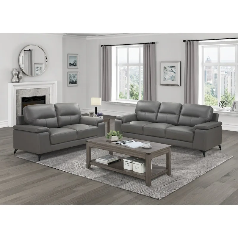 Roxine Dark Gray Top Grain Leather Love Seat