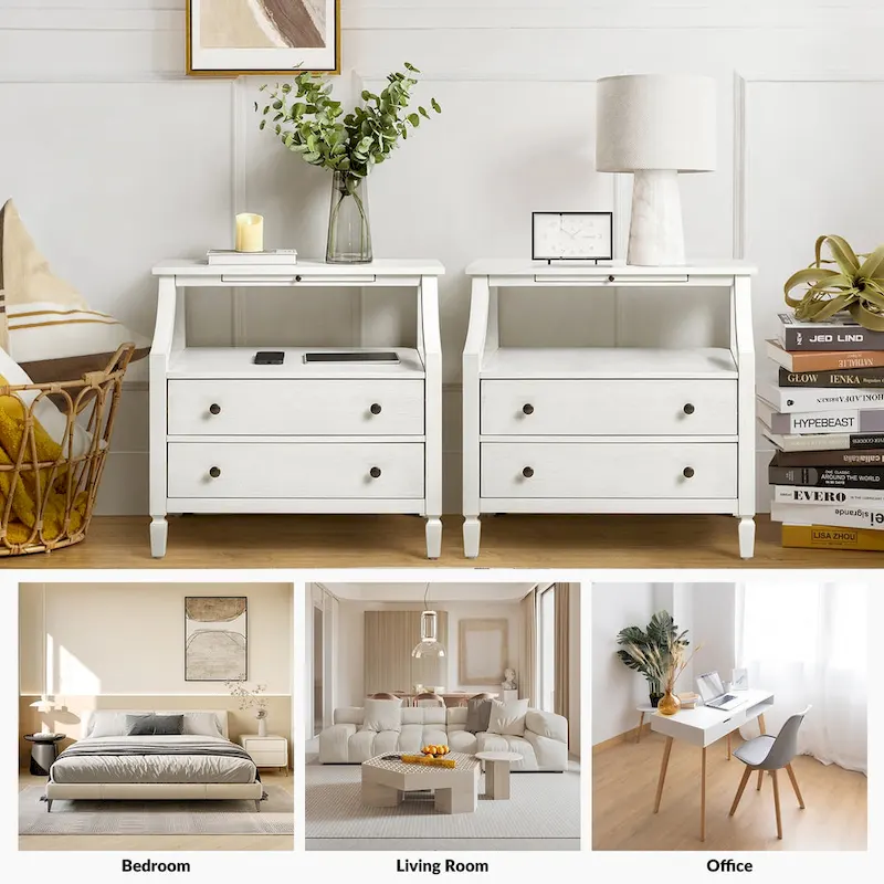 2 - Drawer Nightstand with Built-In Outlets and Pull-out Tray