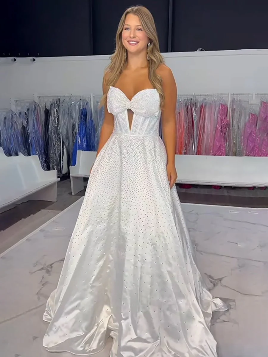 Navy Blue Strapless Satin Beaded A Line Long Prom Dresses With Bow