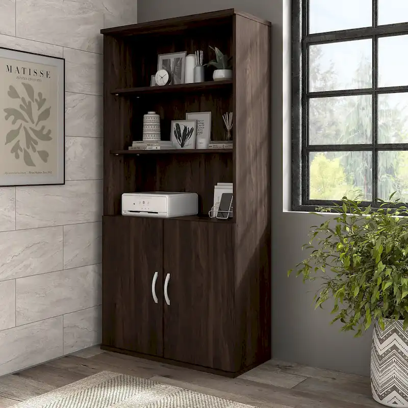 Tall 5-Shelf Bookcase with Cabinet Doors