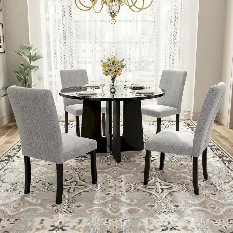 5 Pcs Wood Kitchen Table and Chair Set, 4 People Round Dining Table Set with Faux Marble Top and 4 Upholstered Chairs