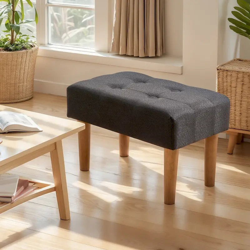 2 Pcs Small Foot Stool Ottoman, Linen Ottoman Foot Rest with Legs, Rectangle Upholstered Footrest