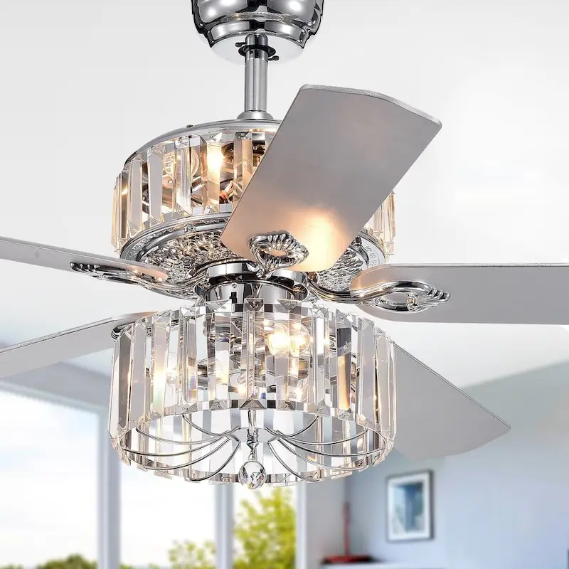 Perris 52-Inch 5-Blade Chrome Lighted Ceiling Fan with 2-Tier Crystal Shade Optional Remote (2 Color Option Blades)