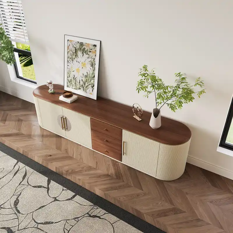 78.74 Mid-Century TV Stands, Brown Solid Wood Veneer, Media Console With 5 Cabinets,3 Drawers, Beige,Fully Assembled - 78.74