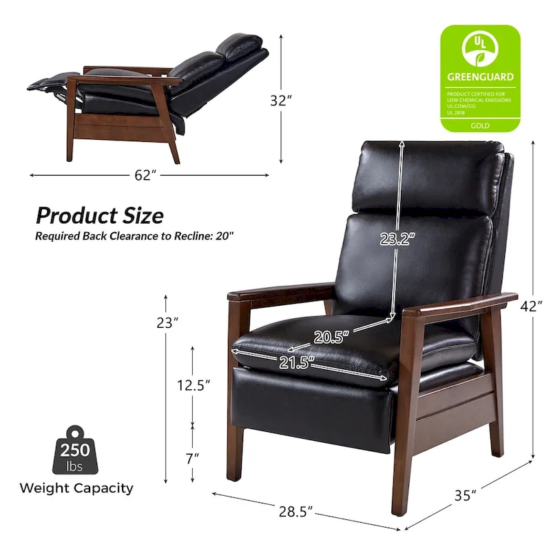 Mid-century Vegan Leather Solid Wood Recliner