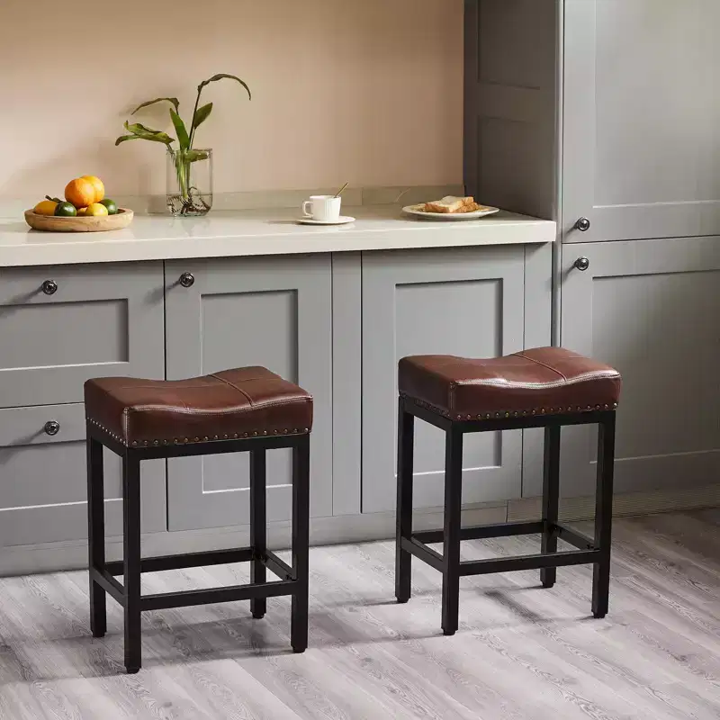 Okak Set of 2 Upholstered Swivel Adjustable Height Bar Stools with Footstools,Armless PU Leather Counter Chairs for Dining Rooms