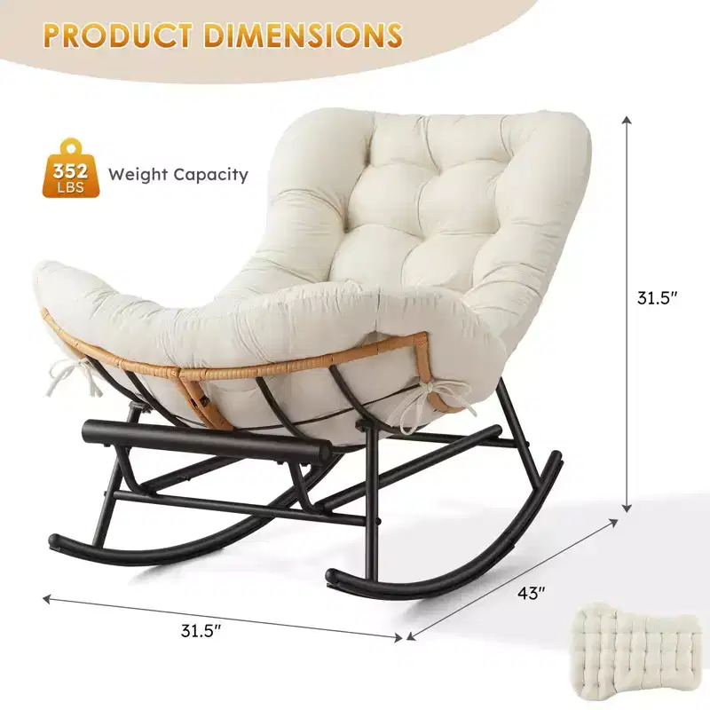 Papasan Rocking Wicker Chair with Thick Removable Cushion and Metal Frame,Lounge Sofa Chairs for Patio, Garden, Lawn, Living Room