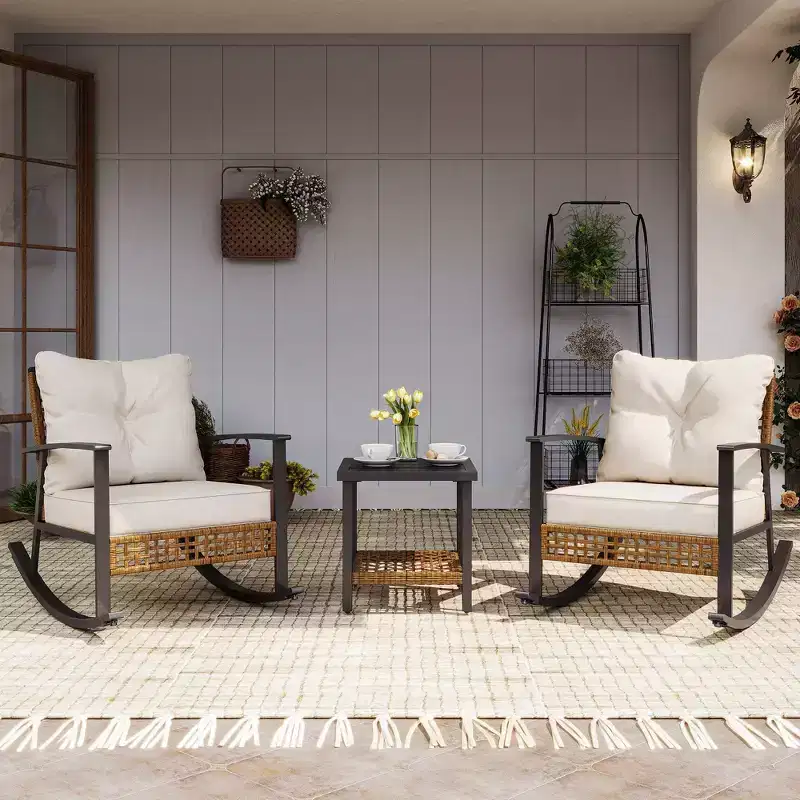LAUSAINT HOME 3 Pieces Rocking Bistro Set, Oversize Rattan Conversation Set, Thick Cushions for Garden, Balcony, Backyard