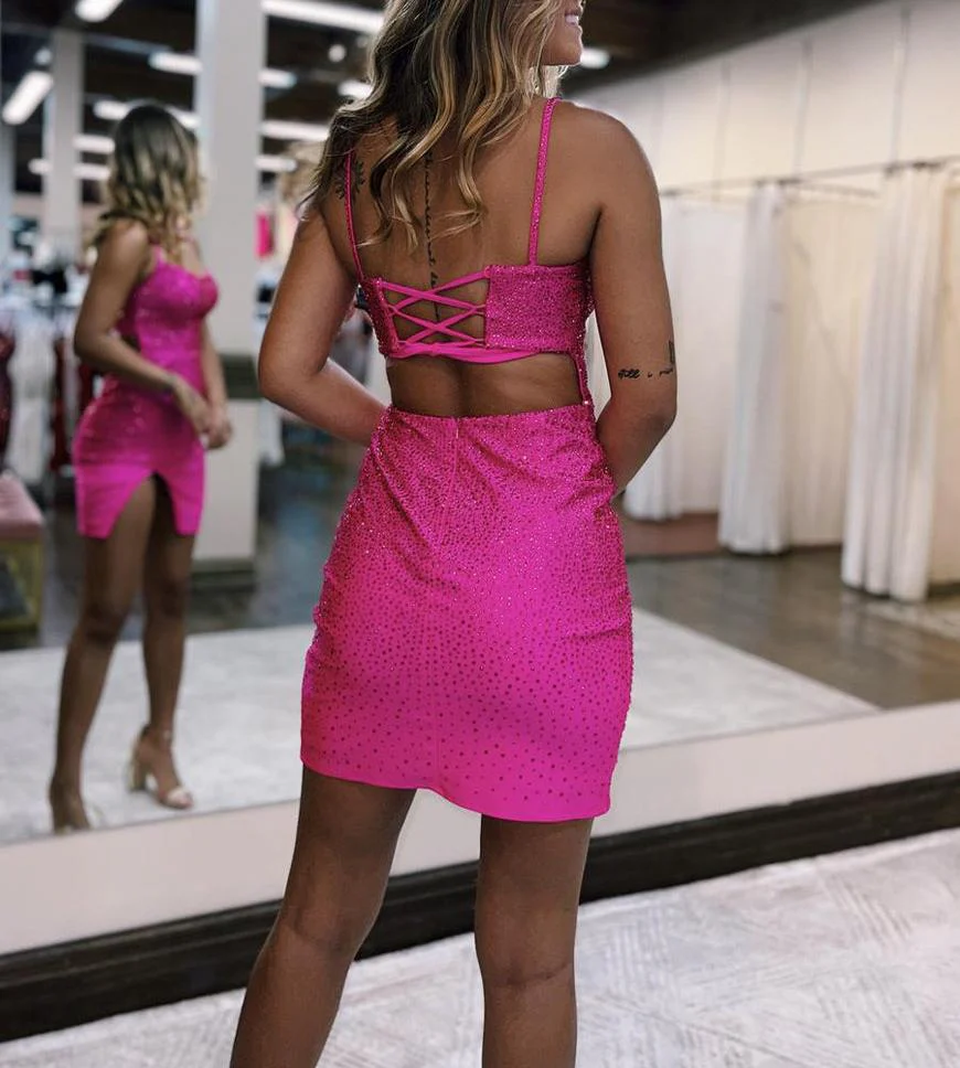 Sheath Beaded Satin Homecoming Dress with Slit