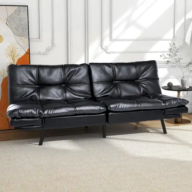 Leather Mattblack / Leather Black / Leather Upgraded Black Faux Leather Split-Back Futon Sofa Bed with Adjustable Armrests - Fits 2 People