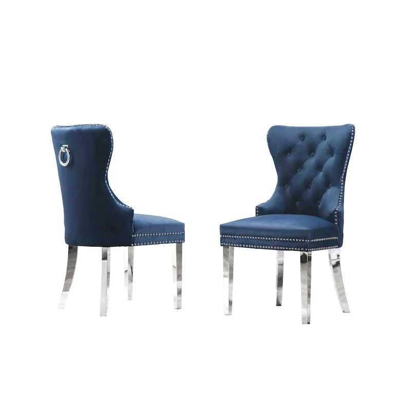 Wingback Button-Tufted Dining Chairs with Nailhead Trim & Steel Frame – Black / Grey / Cream / Navy Blue / White Faux Leather
