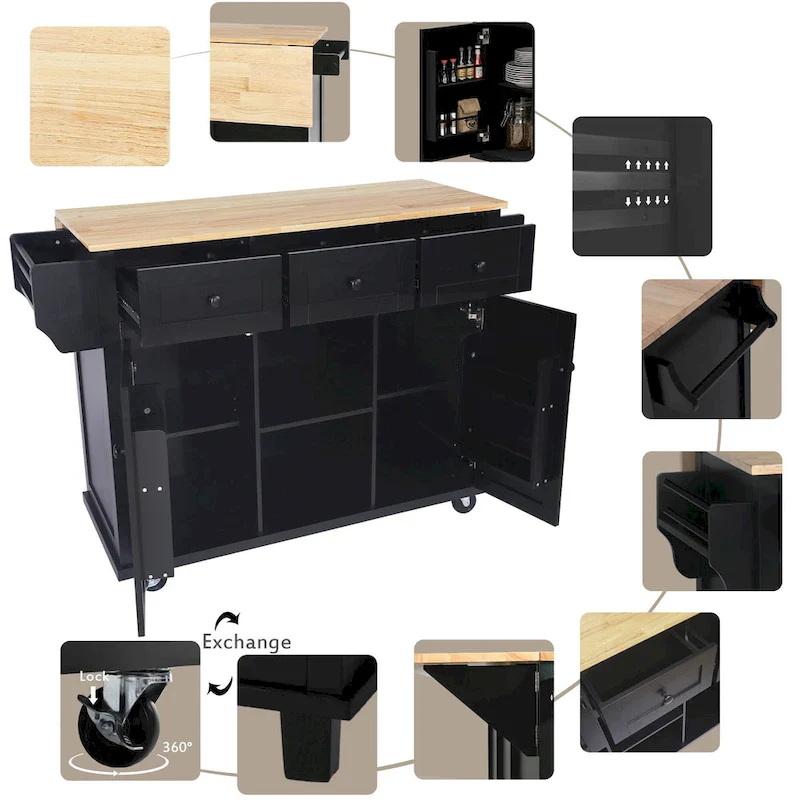 Kitchen Cart with Rubber wood Drop-Leaf Countertop