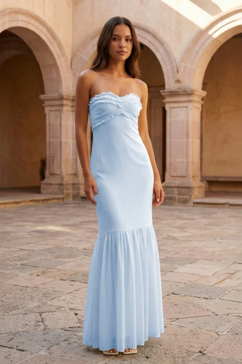 Yellow Strapless Sheath Chiffon Long Prom Dresses With Ruffles