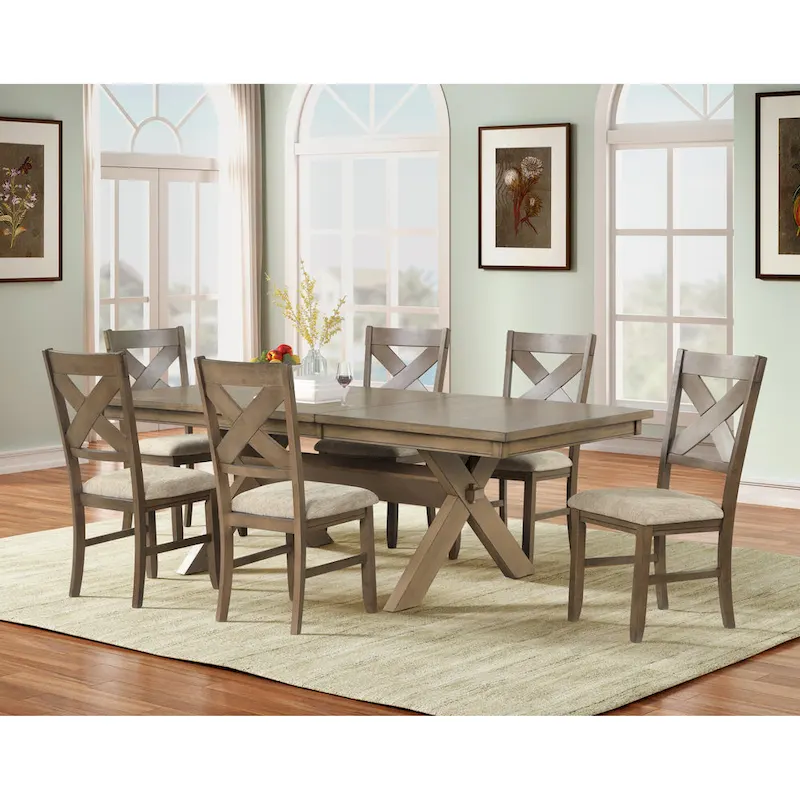 Roundhill Furniture Raven Wood 7-Piece Dining Set, Extendable Dining Table with 6 Chairs, Glazed Pine Brown