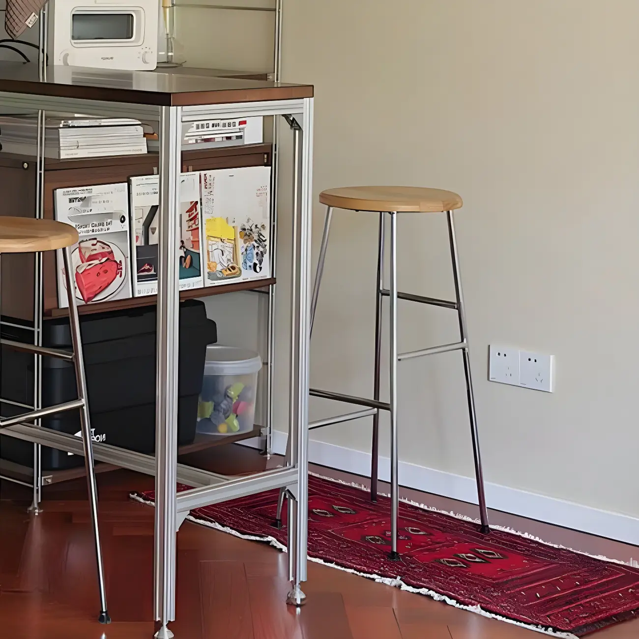 Modern Brown Wood Silver Metal Trestle Bar Tables
