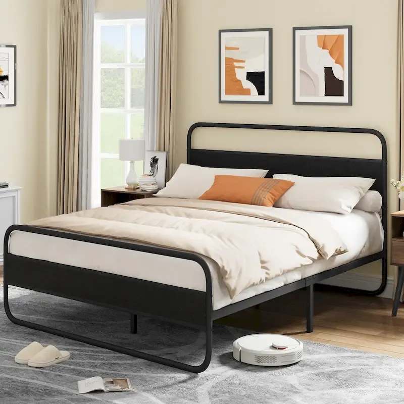 Moasis Metal Platform Bed Frame with Wooden Headboard