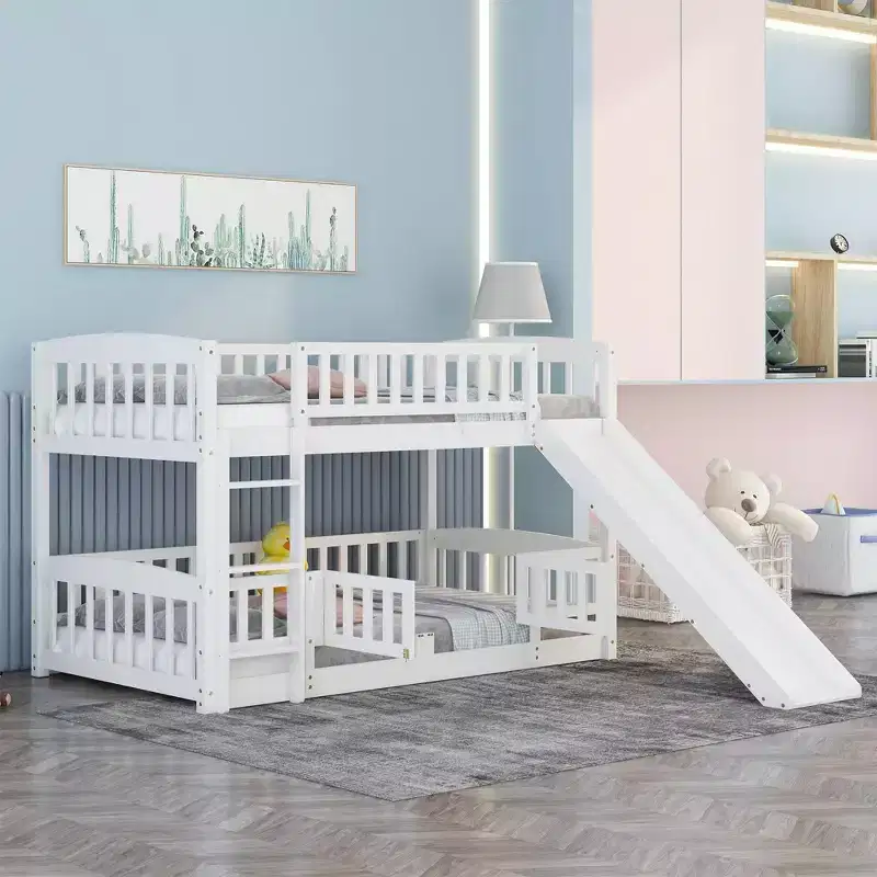 Bunk Bed with Slide,Twin Over Twin Low Bunk Bed with Fence and Ladder for Kids Teens White