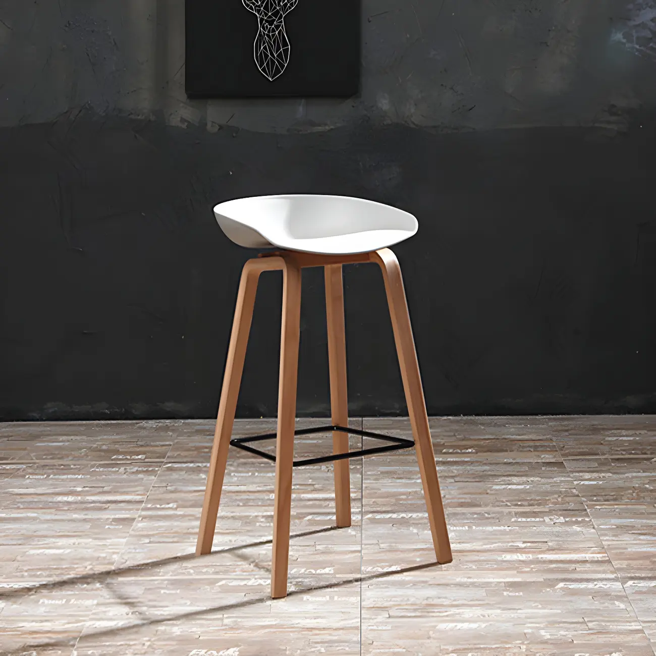 Mid-Century Modern Plastic Bar Stool with Wood Legs