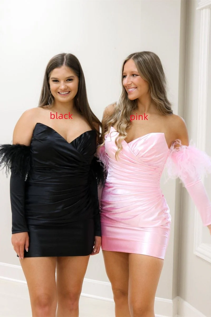 Sheath Satin Strapless Homecoming Dress with Long Sleeves