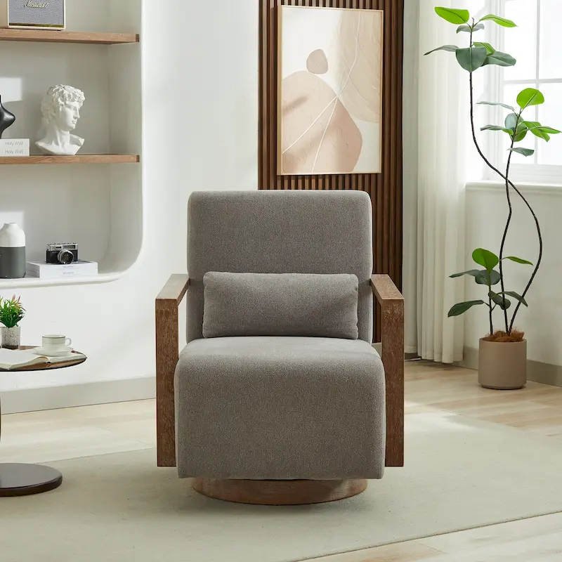 360° Swivel Accent Chair with Wood Armrests and Base