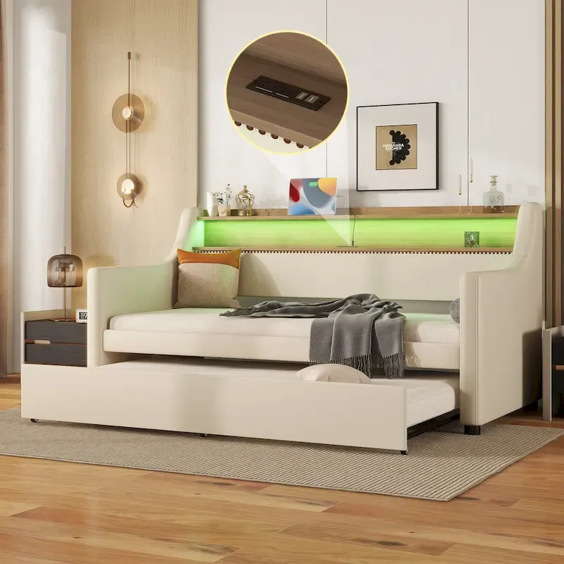 Twin Size Upholstered Daybed with Trundle, LED Lights & Charging Station