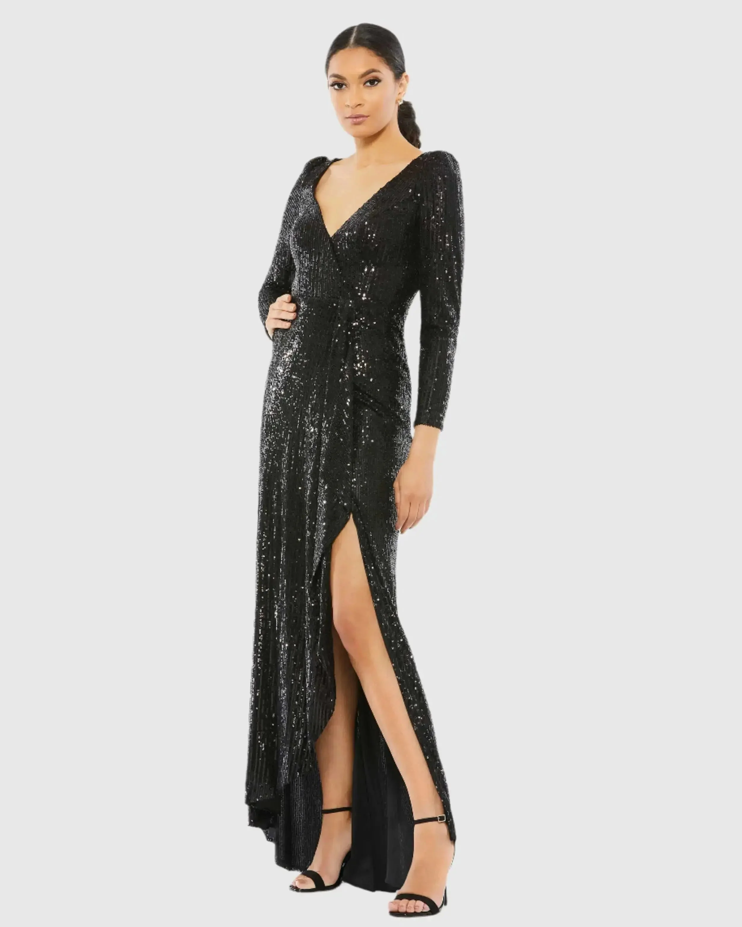 Black Faux Wrap Long Sleeve Sequin Gown - FINAL SALE