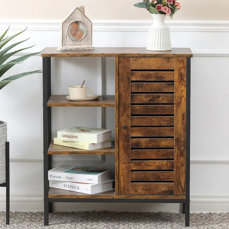 Walnut Finish Manufactured Wood 3-Shelf and 1-Door Storage Cabinet