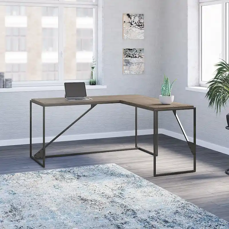Rustic Gray L Shaped Industrial Desk with Steel Frame for Adults