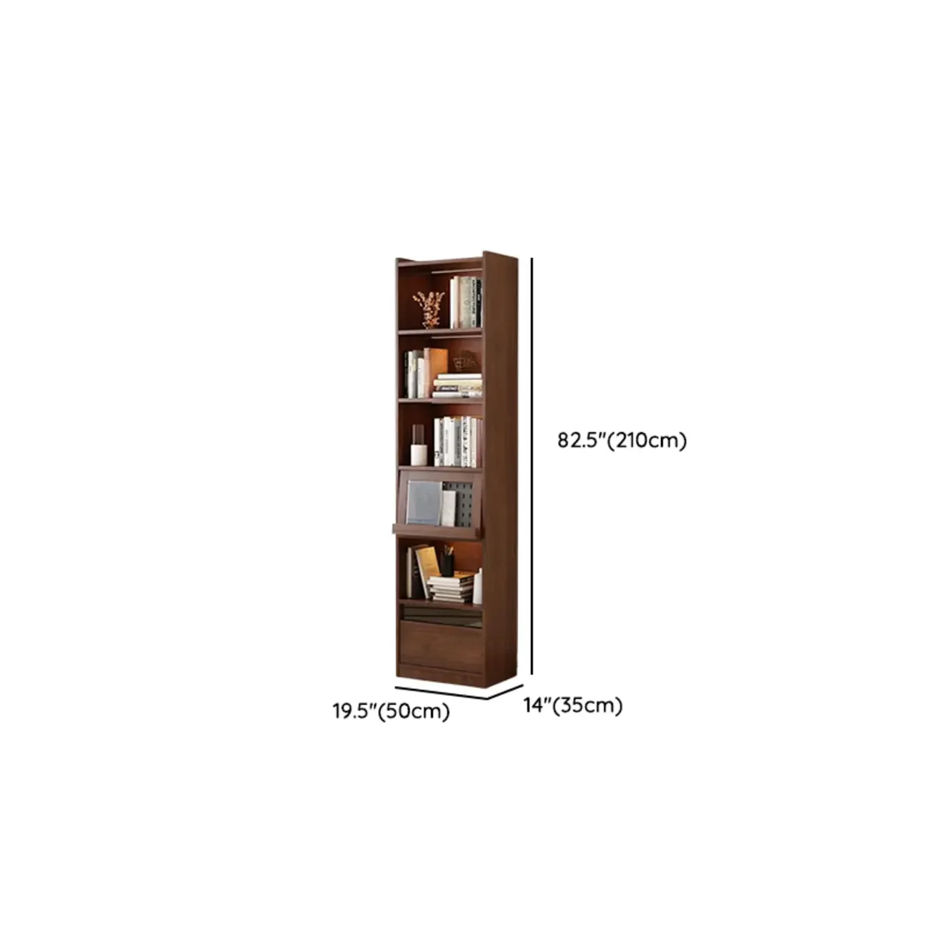 Mid Centyury Tall Brown Vertical Wood Bookcase with Drawers