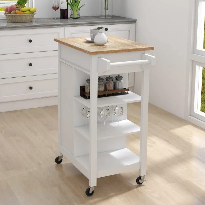 White Rolling Kitchen Island Cart with Drawer and Cabinet